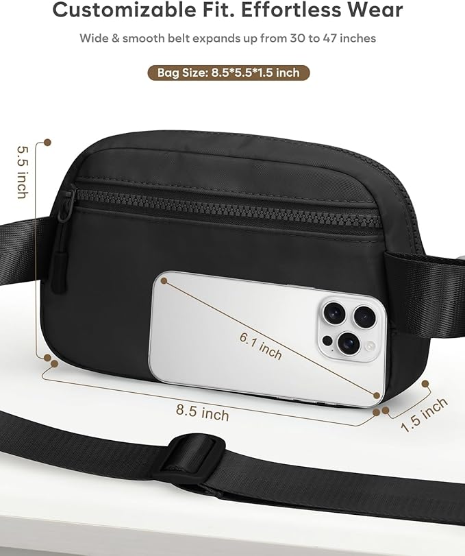 Pritent Fanny Packs for Women Cross Body Bag Waterproof Belt Bag with Adjustable Strap and Zipper Back Pocket Small Crossbody Bags Fashion Waist Packs for Workout Travelling(Black)