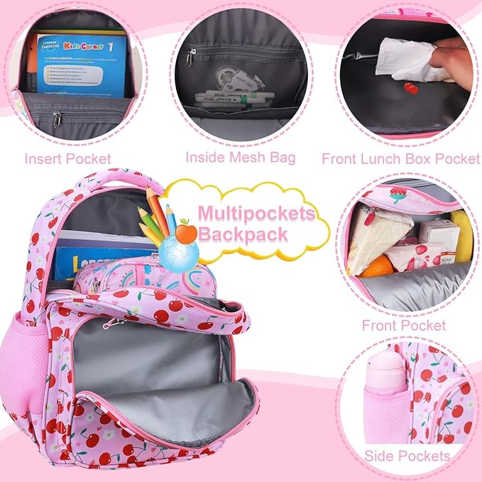 RHCPFOVR Kids Backpack for Girls - Girls Backpack 3-8 Ages Cherry for Kids 15 Inch School Bookbag for Kindergarten Elementary School Bookbag for Girl 1st 2nd Grade