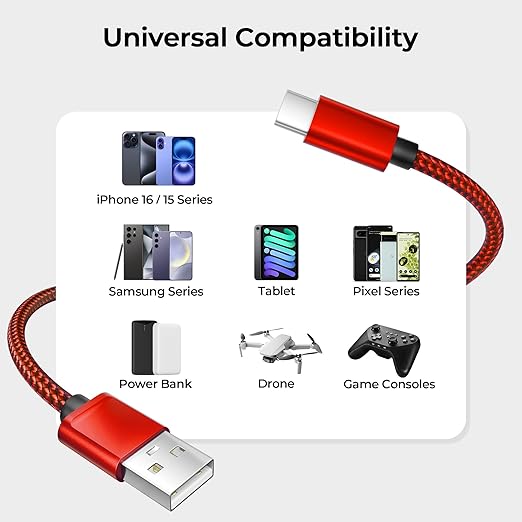 Basesailor for iPhone 17 16 Pro Max Charger Cord,USB to USB C Cable,Type C Charging Power Cord for Apple 17e 15 iPad 10 Air 4 5,Samsung Galaxy S26 S25 S24 S23,Red,2Pack 10FT(3M)
