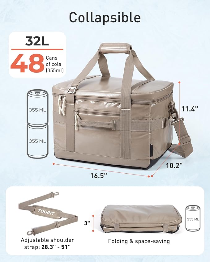 TOURIT Soft Sided Cooler Bag Insulated 30/48/60 Cans, Large Collapsible & Leakproof Ice Chest for Picnic, Beach, Camping, Travel