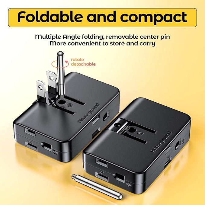 ETwinCoo Black 2-Prong to 3-Prong Adapter, Swivel Polarized Grounding Converter with Flat Wall Plug, Fireproof 3-Outlet for Household Use (2 Pack)