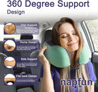 napfun Neck Pillow for Travel with Travel Pouch, Sleep Mask & Earplugs, Memory Foam Airplane Pillow for Headrest Sleep with Eyeshades, Plane Essentials with Eye Blindfold, Turquoise Striped Kit