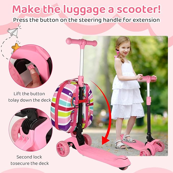 3-in-1 Ride-On Scooter Suitcase, Hardside Ride On Suitcase For Kids Ages 4-15 with LED Light-Up Wheels, Retractable Handle, Foldable & Detachable Scooter Travel Trolley Ride On Luggage-Pink