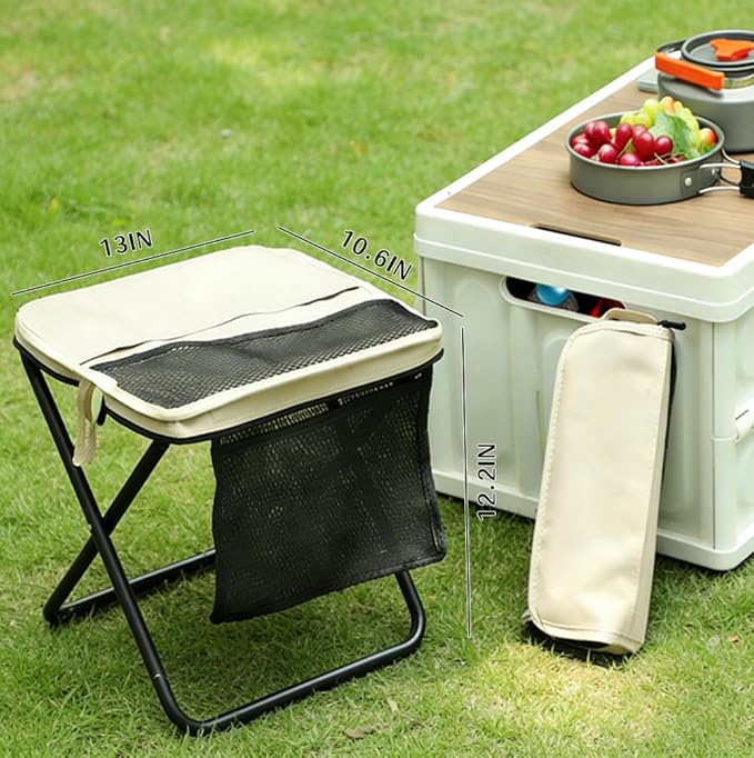 Portable Folding Stools, Heavy Duty Camping Stools with Carry Bag, Polyester, Khaki, 13"x12.2"x10.62", Carbon Steel, 2-Pack, Metal, Square