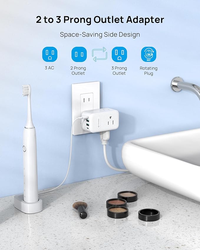 TROND 2 Prong to 3 Prong Outlet Adapter with 360 Rotating Plug, 3 AC Power Splitter with 2 USB C PD20W, Travel Plug Adapter for US to Japan, Wall Outlet Extender for Old House Travel Essentials