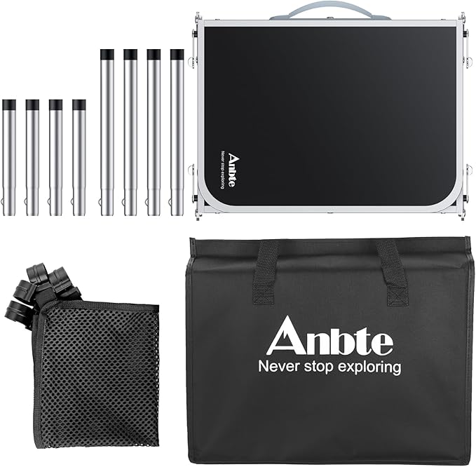 Anbte Folding Camping Table with Storage Net, 3ft Camping Table Aluminum Folding Table with 3 Adjustable Height Max 27.1 Inch Picnic Table Portable Table for Outdoor Backyard BBQ, Black