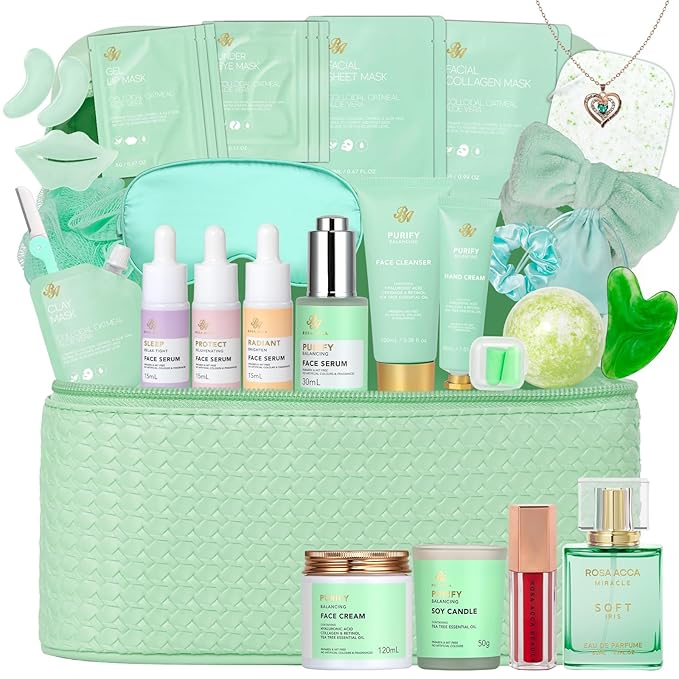 Mothers Day Gifts for Mom, 33 Pcs Tea Tree Skin Care Gift Set, Spa Gift Basket Set for Women, Necklace, Bath and Body Gift Set, Face Sheet Mask, Self Care Kit, Birthday Present, Christmas, Anniversary