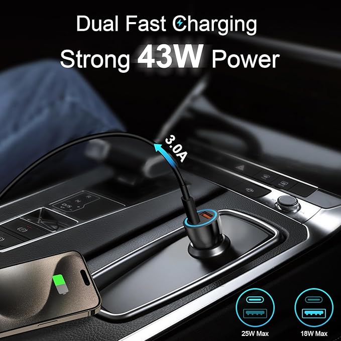 iPhone 17 16 15 Car Charger, [Apple MFi Certified] 2-Pack USB C Car Charger 43W Fast Charging with 3.3 FT Type C to C Cable, USB Car Adapter for iPhone 17/17 Pro/17 Pro Max/Air/16/15