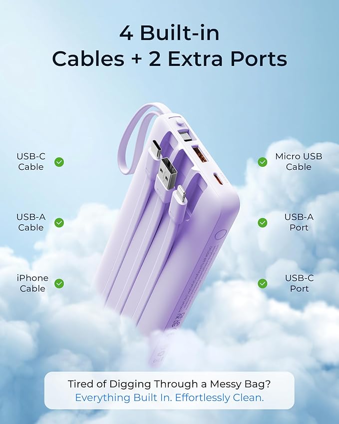 VRURC Portable Charger Slim 20000mAh Power Bank,22.5W PD Fast Charging Travel Essentials Powerbank 4-Built-in-Cables&2 Extra Ports Compatible with iPhone,iPad,Galaxy,Android (Purple)