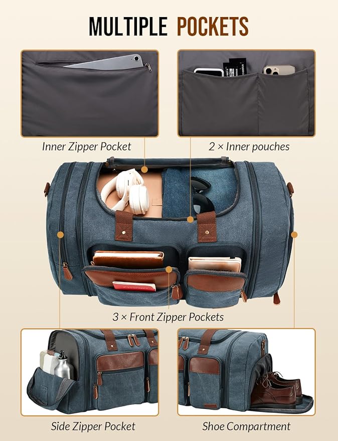 Canvas Duffle Bag for Travel 50L Expandable Travel Duffel Bags for Men Women Overnight Weekend Gym Bag with Shoes Compartment - Navy blue