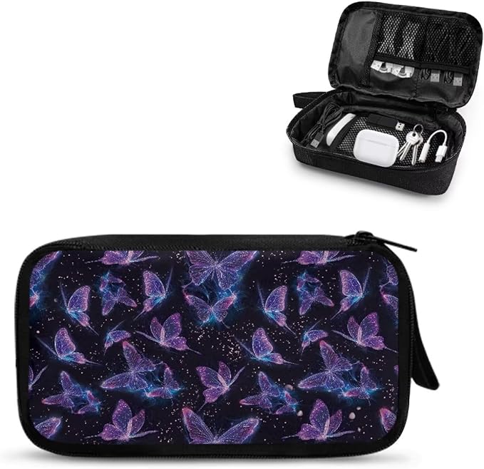 Glitter Butterfly Print Storage Bag Practical Earphone Bags Cable Organizer Bags Power Bank Bag Data Cables Storage Pouch Headset Organizing Pouch Multipurpose Bags