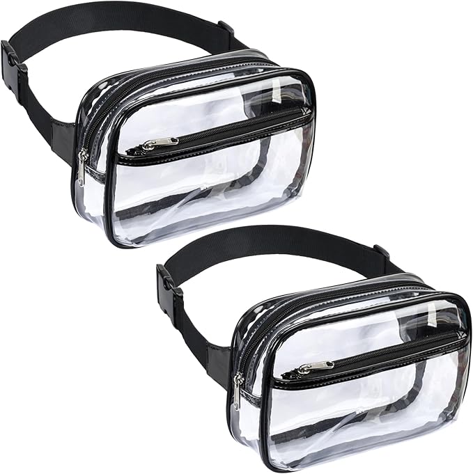 Packism Clear Fanny Pack Stadium Approved - 2-Pack Plus Size 35-51 inches Adjustable Strap Clear Belt Bag for Women Men Transparent Waist Bag for Concerts, Sporting Events, Black