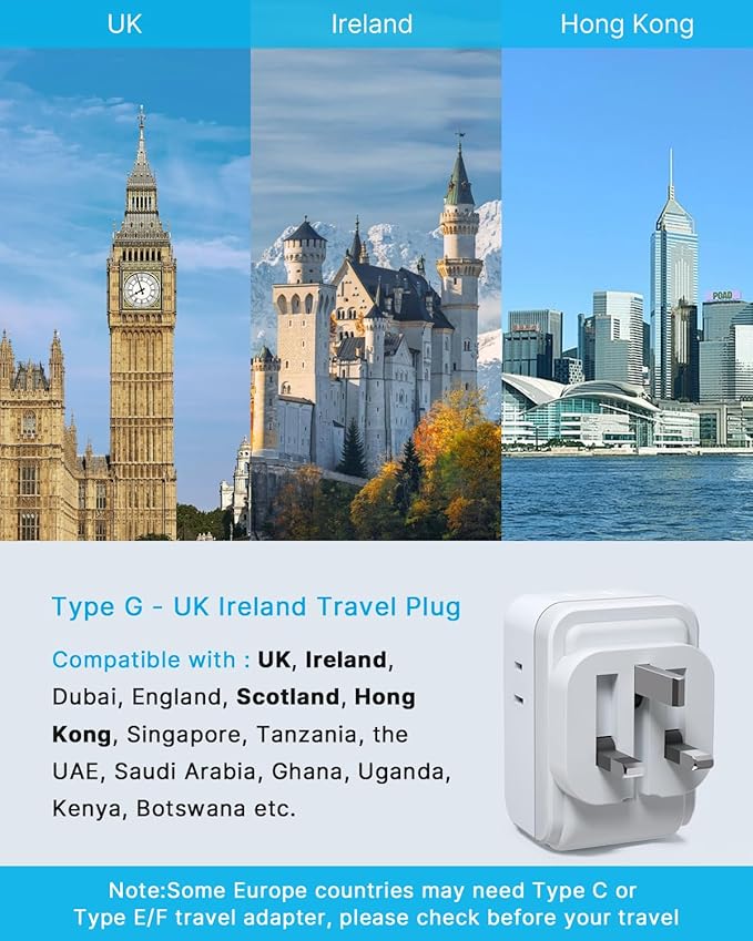 2 Pack US to UK Plug Adapter, VINTAR Foldable UK Adapters for Travel, Type G Adapter for Travel with 4 Outlets and 3 USB(2 USB C Ports) for USA to Ireland England Scotland London Dubai Singapore