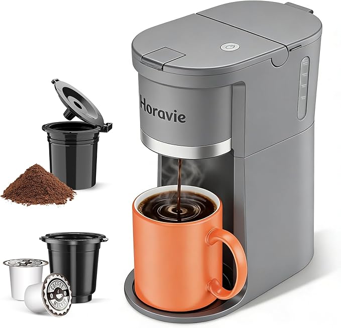Horavie Small Single Serve Coffee Maker, 2 in 1 Fast Brew One Cup Coffee Machine, 6 to 12 oz. Brew Sizes, Capsule Coffee Machine with Descaling Reminder, Fits 5.5" Mug, Grey