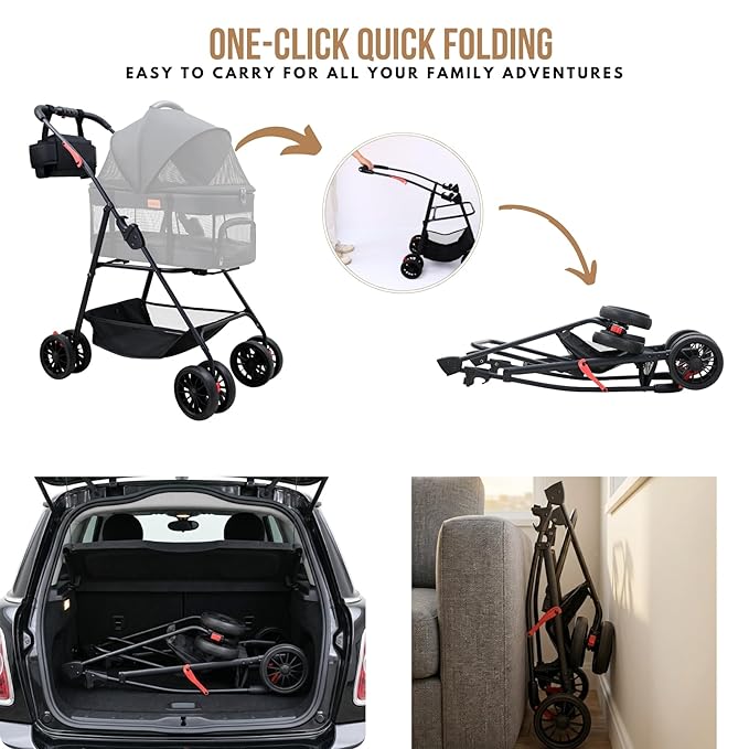 Bicystar Pet Stroller for Small Dogs Cats with Wheels, Detachable Carrier, Max Load 33 lbs, Easy Folding, Compact Portable, Dog Carriage Cart Car Seat 3 in 1