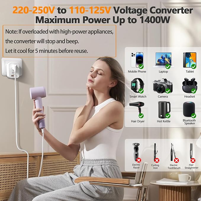 Voltage Converter US to Europe, 220V to 110V Converter for European Travel, Power Converter for Europe with 20W PD,2 Type-C Port 2 USB-A,Power Plug Combo for Italy Spain Greece - White