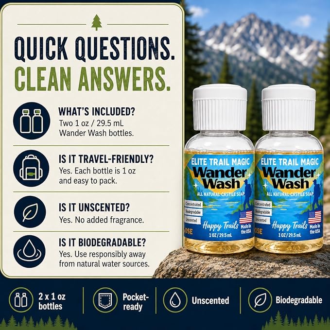 Elite Trail Magic- 2 pack- Made In USA- Wander Wash Biodegradable Castile Soap – Ultralight (2) 1 oz Concentrated Liquid Soap for Camping -Travel & Backpacking – All Purpose, Unscented (2)
