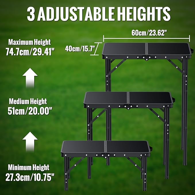 GARLLEN 2ft Folding Camping Table, 3 Adjustable Height Lightweight Picnic Table, Portable Aluminum Grill Table for Outdoor, Camping, Grill, Threaded Install, 23.6" L x 15.7" W, Black