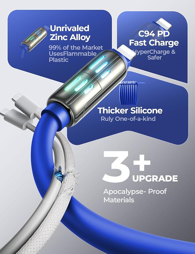 LISEN USB C to Lightning Cable, 240W 4 in 1 Charging Cable 6.6FT, Chubby USB A/C to C/Lightning with Light for iPhone Charger Fast Charging iPhone Air 17 16 15 14 Pro/MacBook/iPad, Dark Blue