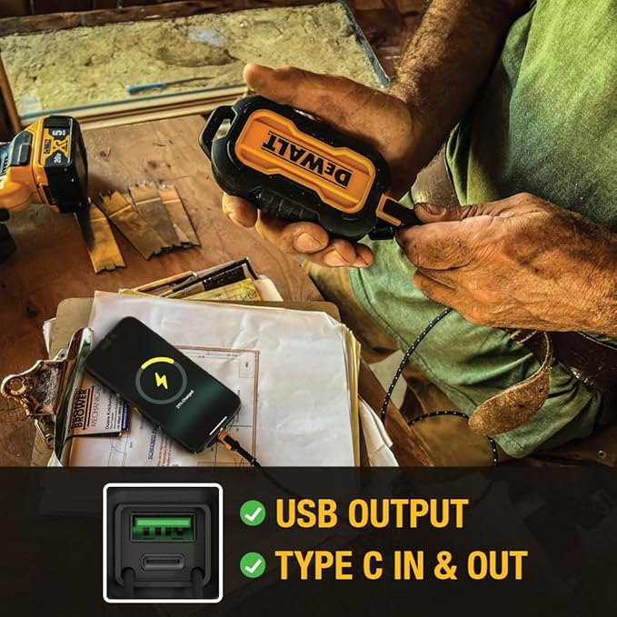 DEWALT Heavy Duty Portable Charger, Power Bank, Travel Worksite 10,000 mAh Battery Pack with USB-C Port for iPhone 17/16 Plus Pro Max, iPhone 15/14/13, Samsung Galaxy