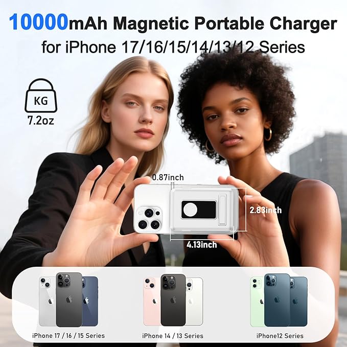 Magnetic Portable Charger, 10000mAh Wireless Power Bank for iPhone with Built-in Cables, 20W Fast Charging for Magsafe Battery Pack with Stand for iPhone Air/17/16/15/14/13/12 and Apple Watch