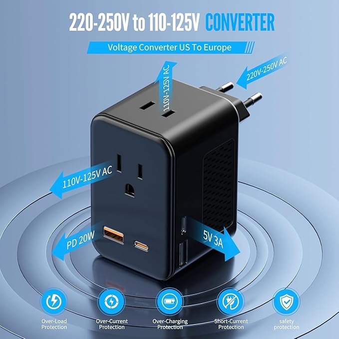 220V to 110V Voltage Converter US to Europe, Travel Adapter Plug Converter for European with 20W PD & 2USB-A & 2USB-C, European Power Converter Combo USA to Spain Italy France, Black