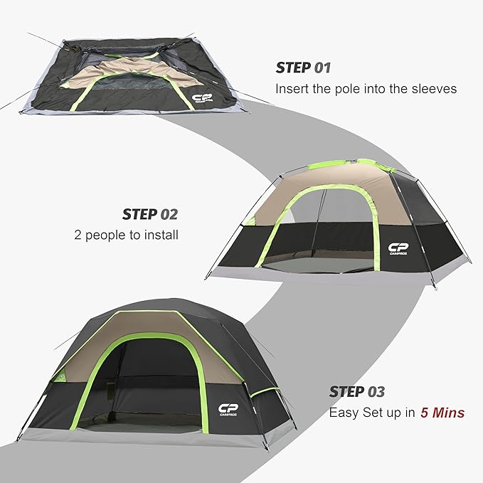 CAMPROS CP Camping Tent 2/4/6 Person, Waterproof Windproof Double Layer Dome Tent, Easy Setup with Large Mesh Windows & Wide Door for Outdoor Camping Backyard