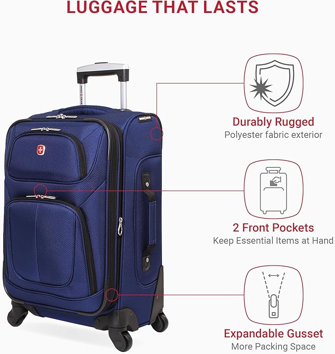 SWISSGEAR Sion Softside Expandable Spinner Luggage Durable Lightweight Travel Suitcase, Blue, 2-Piece Set (21/29)