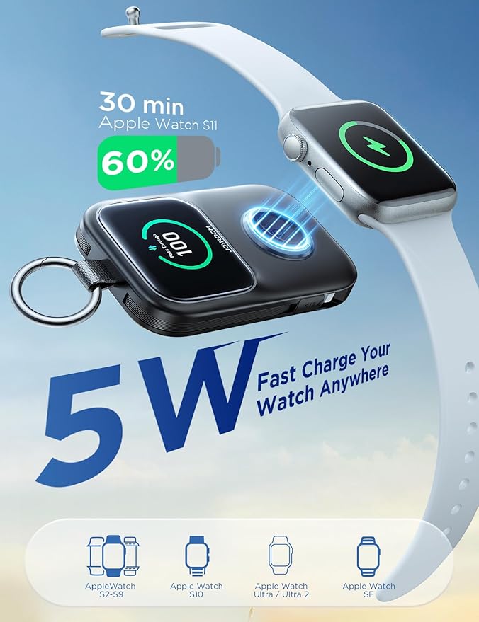 JOYROOM Portable Charger, Power Bank with Built-in Cables & LED Display, 5000mAh 20W PD Fast Charging & Fast Recharge, Travel Keychain Battery Pack for iPhone 17/16/15/14/13/12 & Apple Watch, Black