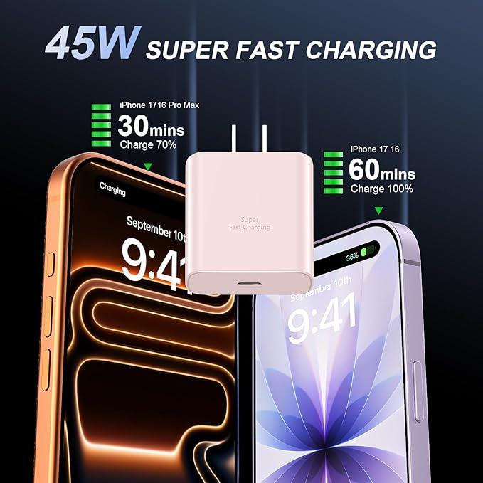 Phone 17 16 Pro Max Charger Fast Charging, 45W USB C Phone 17 16 Super Fast Charger Block with 10ft Long Type C Charging Cable Cord for i.Phone 17 Pro Max/17 Pro/17 Air/17/16/16Pro/16 ProMax /15/S25