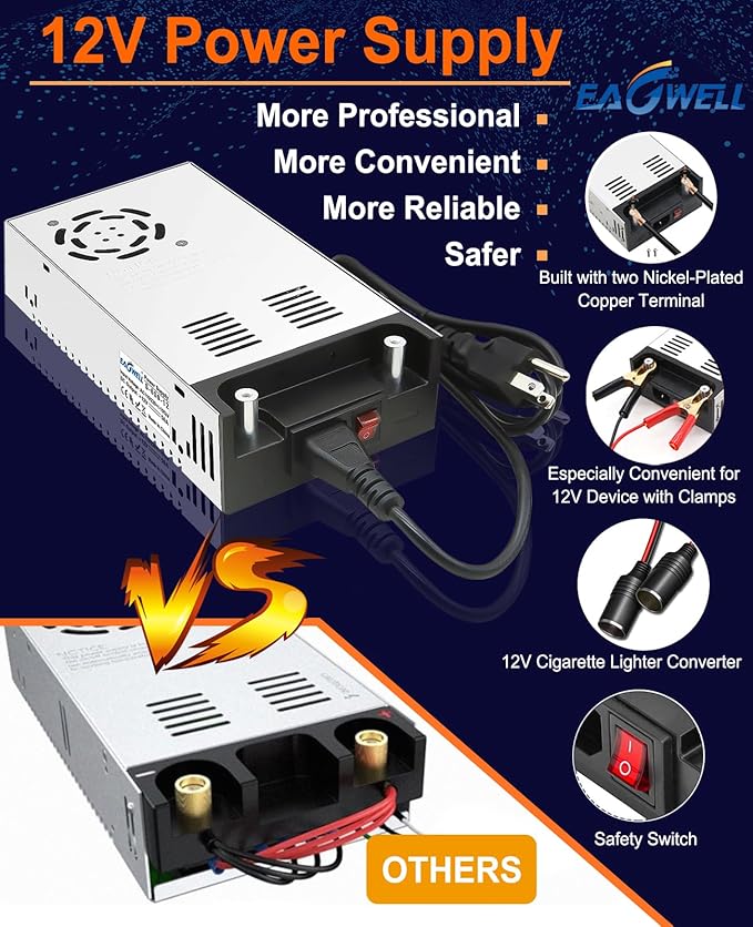 EAGWELL New Version 110V AC to 12V DC Converter 600W Power Supply 50A, Universal SMPS Transformer for RV, Pump, LED Strip, CCTV, Car Stereo,Diesel Heater