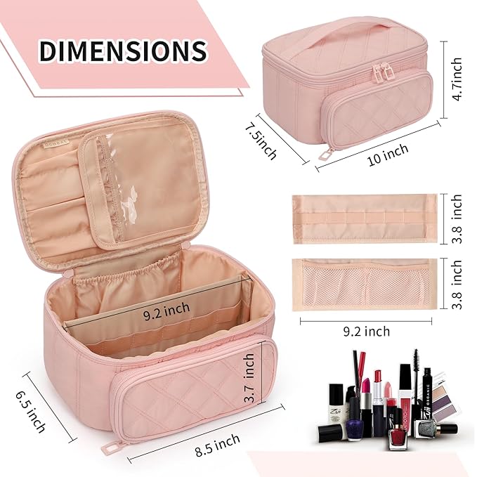 OCHEAL Makeup Bag, Multifunctional Make Up Bags Large Compact Makeup Bag Organizer Cosmetics Toiletry Brushes Storage Makeup Case with Handle for Women Girls Makeup Case with Handle-Pink