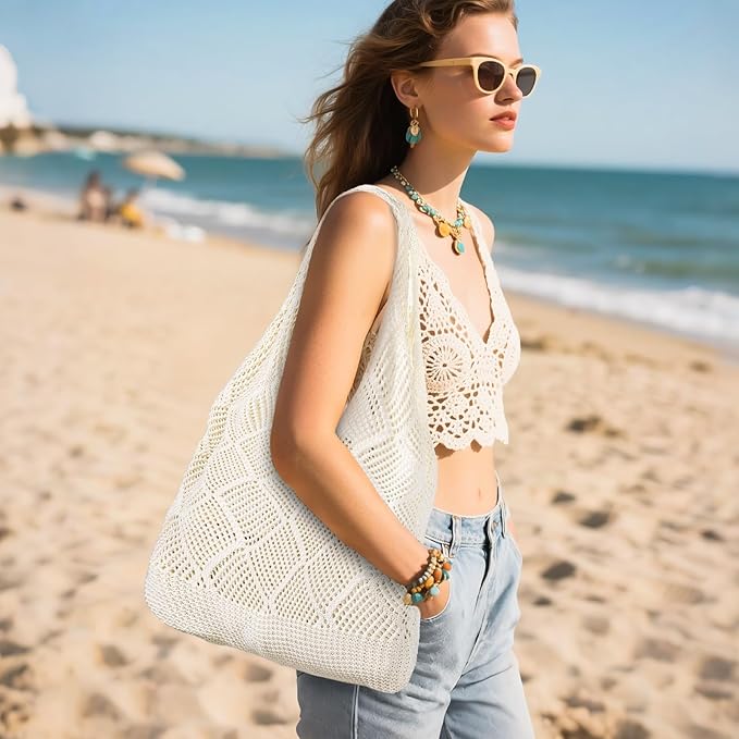 WantGor Crochet Bags, Beach Mesh Tote Bag Womens Shoulder Shopping Handbag Casual Travel Totes Bag Foldable Hobo Bags