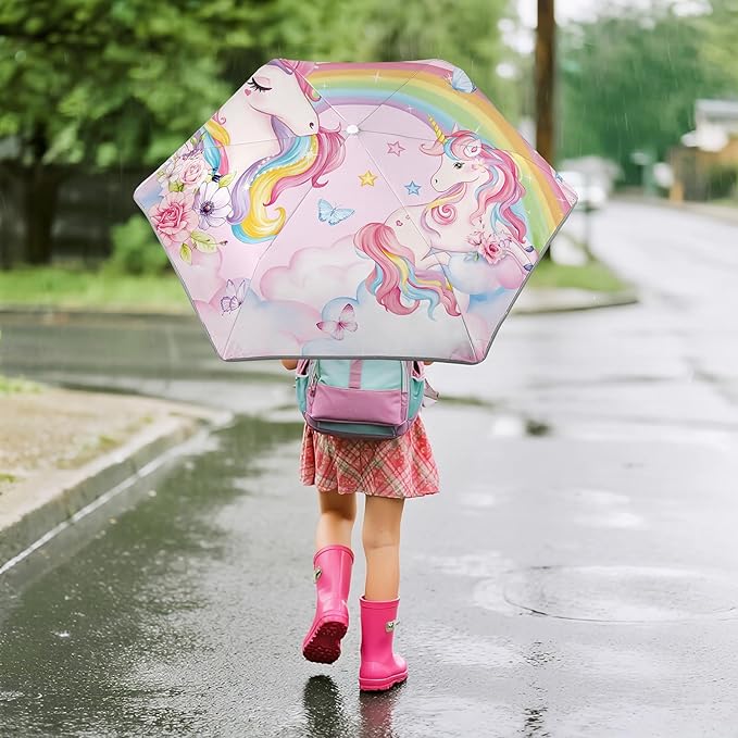 Kids Folding Umbrella Auto Open/Close Umbrellas for Rain Round Corner Safe Design UV Resistant Automatic Children Travel Umbrellas Reinforced Canopy 360° Reflective Strip Lightweight for Girls & Boys
