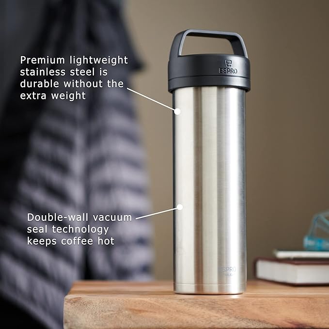 ESPRO Go P0 Ultralight French Press Coffee Maker for Travel, Vacuum Insulated Stainless Steel, 16 Ounces, Brushed Stainless Steel