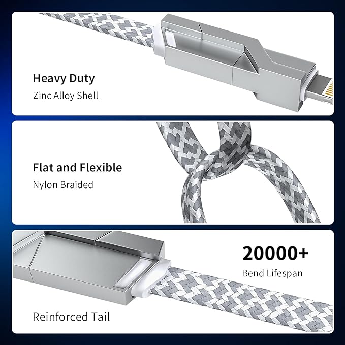 4 in 1 Charging Cable 5FT -MAX 66W Fast Charging Multi Charging Cable for All Devices, USB A/C to C/Lightning Cable Multiple iPhone Charger Cord for iPhone 16/15/14/13/iPad/Android/Tablets and More