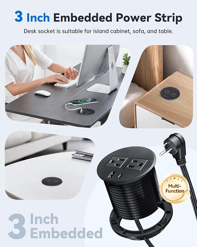 Desktop Power Grommet with 20W USB C Fast Charging, 3 inch Flush-Mount Recessed Power Strip for Desk,Office Tables,Furniture, Recessed Outlet 6FT Cord, 45° Thin Flat Plug, 2 USB Ports, Black