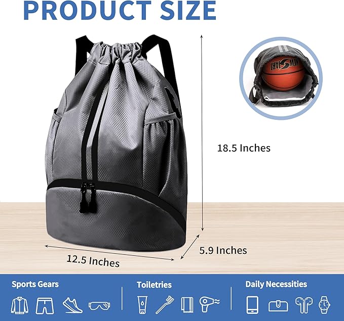 JELUTAR Drawstring Backpack Gym Bag with Shoes Compartment for Soccer, Basketball, Swim, Water-Resistant String Backpack Beach Cinch for Women Men, Dark Grey