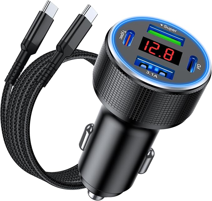 iPhone 17 Car Charger USB C Fast Charge Cable, 78W 4 Port Metal Car Phone Charger Adapter with Voltmeter PD 30W & QC3.0 Cigarette Lighter USB Adapter for iPhone 17/16/15, Galaxy, iPad, Android