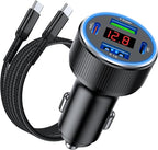 iPhone 17 Car Charger USB C Fast Charge Cable, 78W 4 Port Metal Car Phone Charger Adapter with Voltmeter PD 30W & QC3.0 Cigarette Lighter USB Adapter for iPhone 17/16/15, Galaxy, iPad, Android