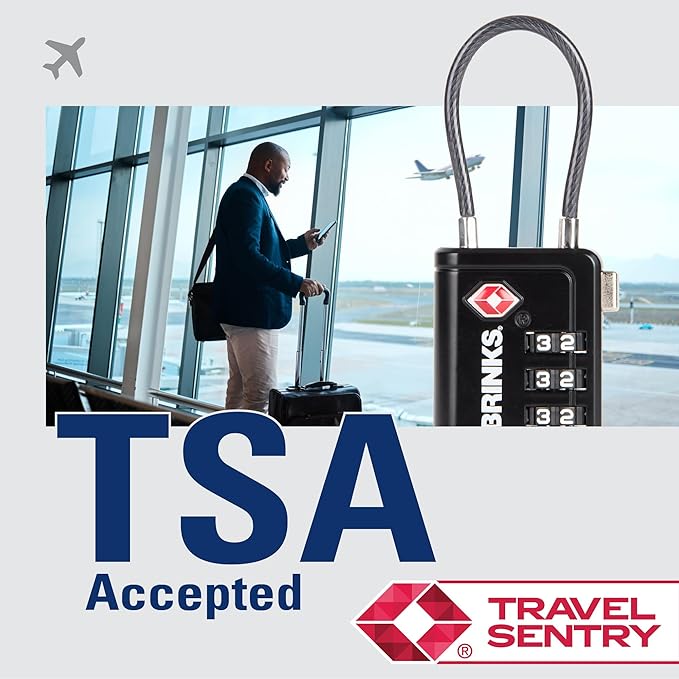 Brinks TSA Accepted Indicator Luggage Lock, Black - Resettable 3-Dial Combination, 1.5 inch Long Cable Shackle, New More Secure TSA008 Key, 4 Pack