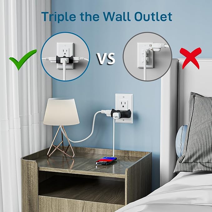 K KASONIC - 3-Outlet Grounding Adapter, [UL Listed] Plug Extender, Heavy-Duty Grounded Power Tap - 3 Pack (Black)