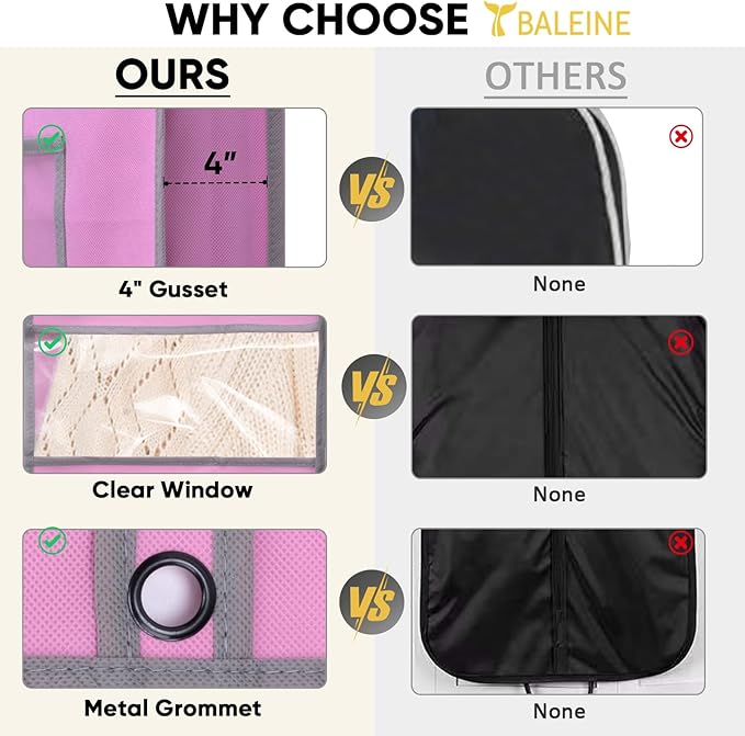 BALEINE 5PK Heavy Duty Garment Bag with Shoe Storage Travel Bag for Dresses, Suit, Coats Travel Essential (54", Pink)
