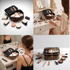 Double-layer Cosmetic Bag Makeup Bag Travel Makeup Bag Makeup Bags for Women Cosmetics Cases Portable Waterproof Foldable (Leopard)
