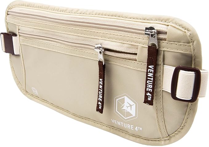VENTURE 4TH RFID Money Belt for Travel with RFID Blocking Sleeves – Slim Hidden Travel Wallet & Passport Holder for Men & Women, Lightweight Anti-Theft Pouch to Protect Cash, Cards & Documents - Beige