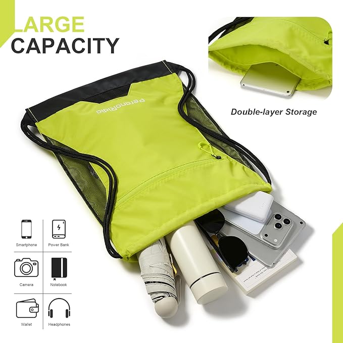 Waterproof Drawstring Backpack for Men/Women, Lightweight Sports Bag for Gym, Beach, Swim, Hiking, Running & Cycling, Anti-Stain with Quick-Access Mesh Pocket, Green 14.2"×2.8"×17.7"