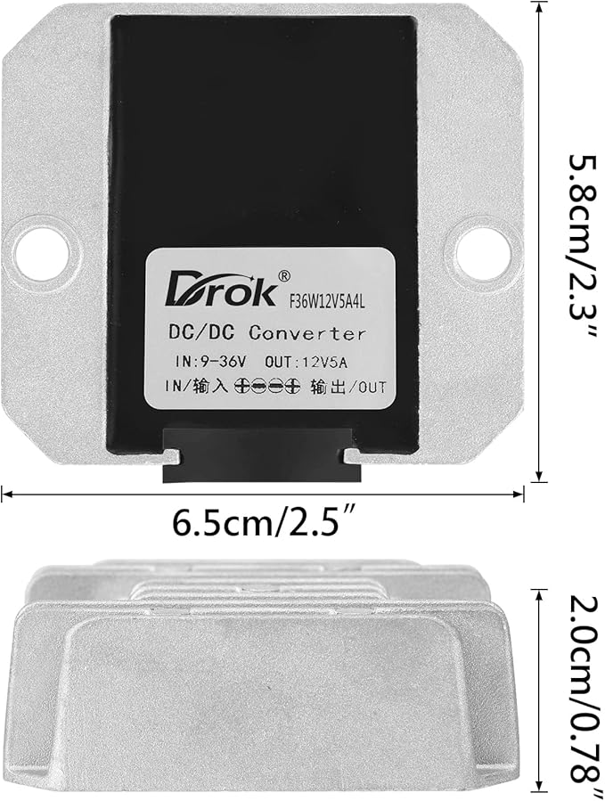 DROK Boost Buck Converter 9V-36V to 12V 5A 60W Aluminium Shell Waterproof Auto Step Up Down Voltage Regulator 12V Volt Transformer for Car Audio Solar Power System LCD Television LED Display Screen