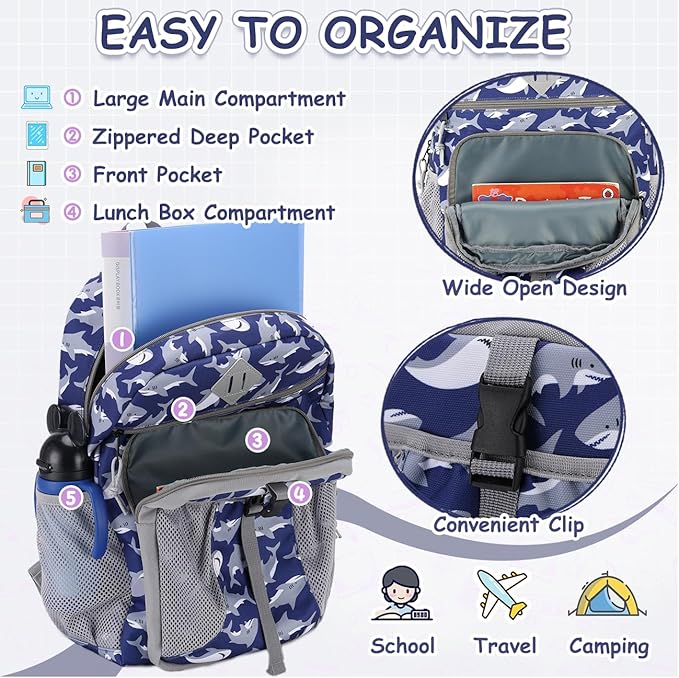 VASCHY Kids Backpack Lunch Bag Set, Boys Large School Bookbag Insulated Lunch Box for Toddlers Preschool,Daycare,Kindergarten,Elementary School Shark