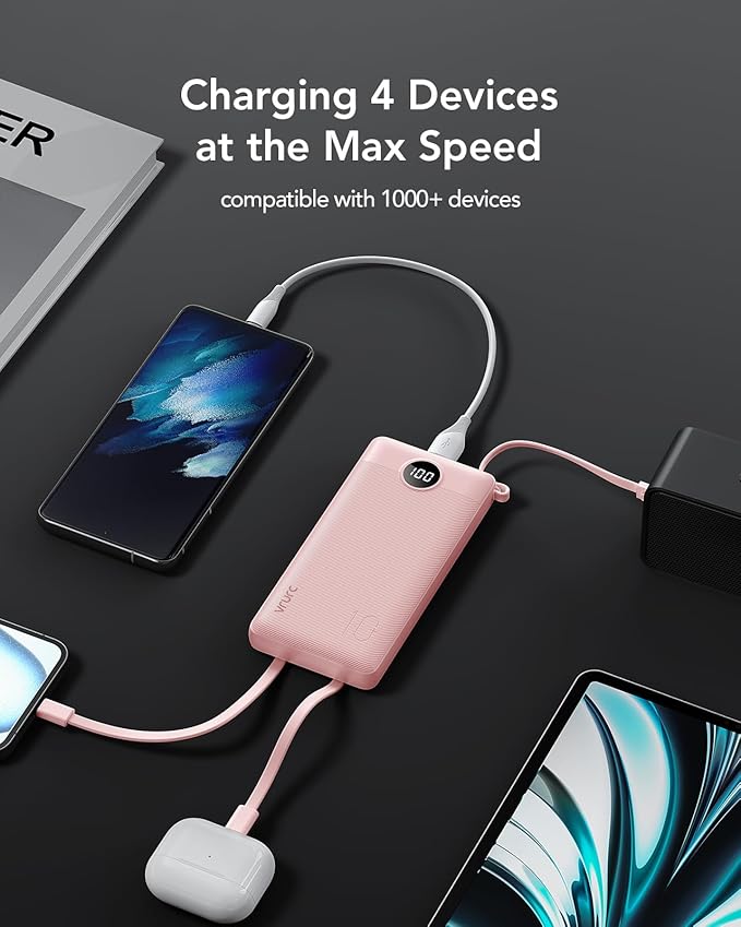 VRURC Portable Phone Charger, 20W PD Fast Charging Portable Charger for iPhone, 10000mAh Battery Bank with Cables, 4 Output 3 Input USB C Battery Pack for iPhone 17 16 15 14 13,Samsung Galaxy-Pink