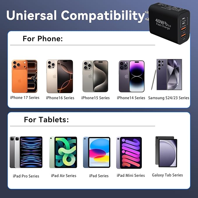 USB C Wall Fast Charger Block, 40W 4-Port Type C Chargers Fast Charging Blocks PD Power Charger Adapter+QC 3.0 USB Multiport Charger Brick for Phone 17/16/15/14/13/12 Pro Max, i-Pad, Galaxy S25-2Pack